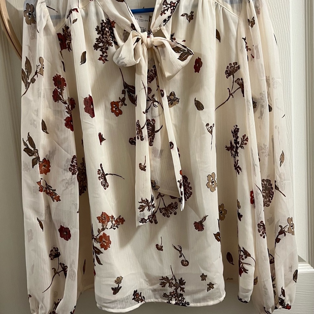 Ann Taylor Cream Floral Blouse with Bow